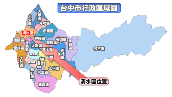 在台中市行政區域圖中，清水位於大肚台地與台灣海峽間的清水隆起海岸平原北部一帶