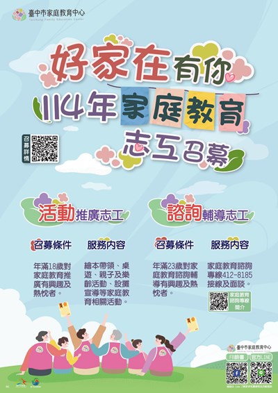 臺中市家庭教育中心114年度志工召募服務計畫海報